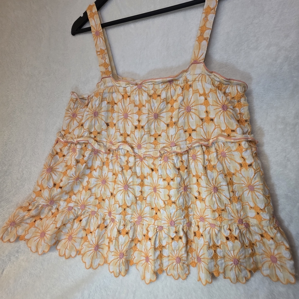 Anthropologie embroidered tank top yellow and pink floral with tiered ruffles L - Picture 6 of 6